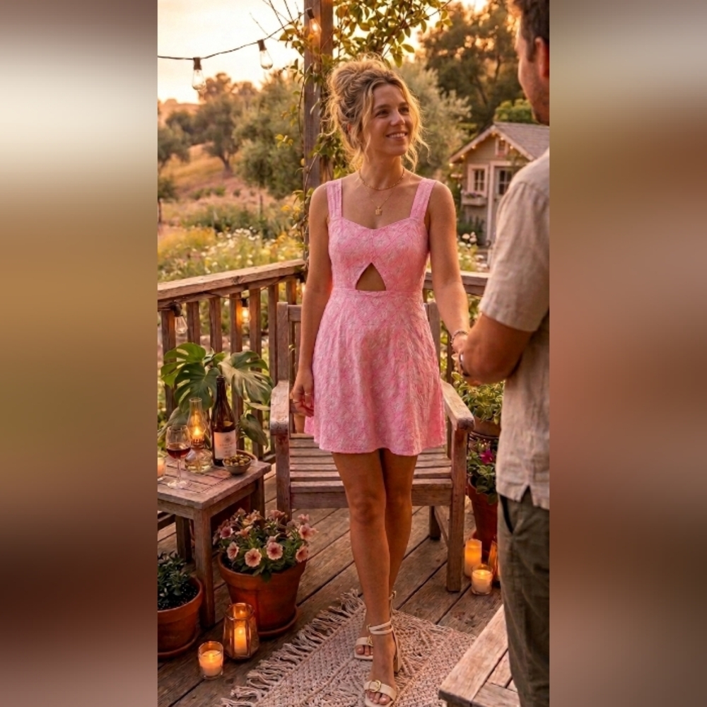 Pink Lace Keyhole Skater Dress Fit & Flare Party Date Night Medium